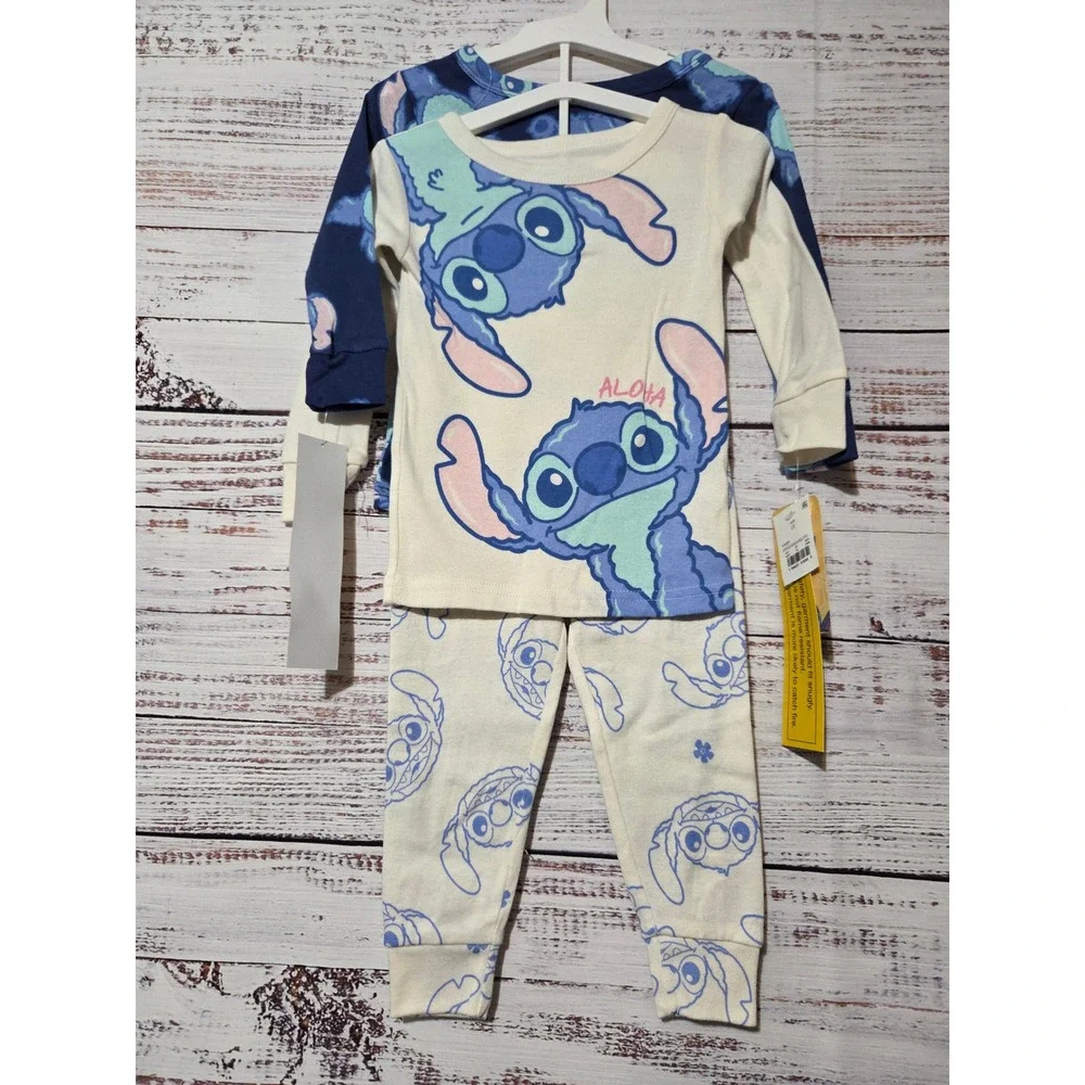 Disney Lilo & Stitch 4-Piece Pajama Set Kids 2T Navy Cream Cotton Snug Fit NWT
